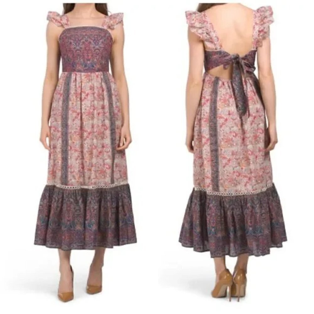 HAUTE HIPPIE Paisley Flutter Sleeve Tiered Ruffle Boho Maxi Dress Sz 6 NWOT